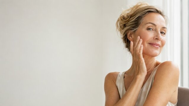 Confident middle aged woman touching her face with gentle smile and natural makeup indoors