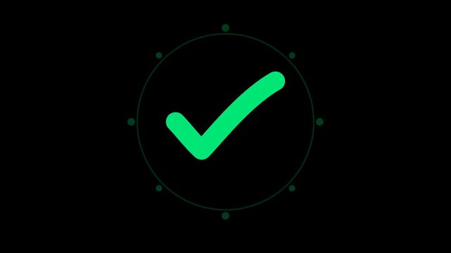Animated Green Check Mark Icon with Particle Burst on Black Background for Success, Verification, and Completion Concept