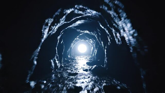 Dark rocky tunnel with wet floor leading toward bright light【Generative AI】
