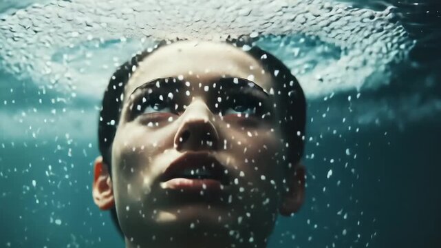 A person&rsquo;s face is shown underwater with bubbles rising as sunlight filters through the water surface at midday