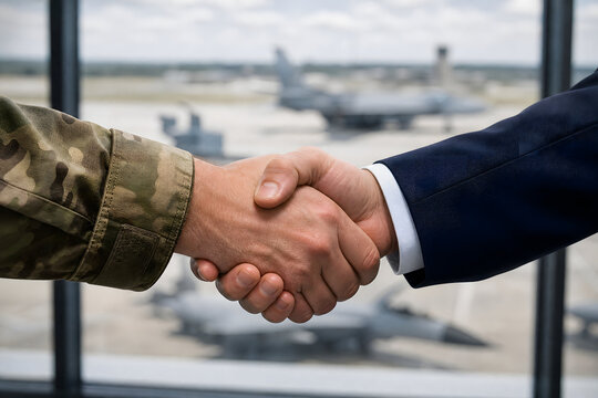 Military defense contract agreement businessman soldier handshake