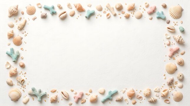 Flat lay seashell frame border on white background for ocean summer design with seashells background starfish