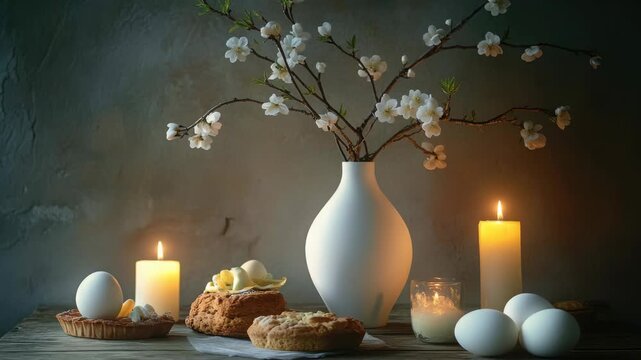 Still Life with White Blossoms, Pastries and Lit Candles on Rustic Wood Table
