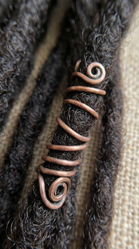 Macro closeup of mature black dreadlocks locs wrapped with spiral copper wire jewelry cuff