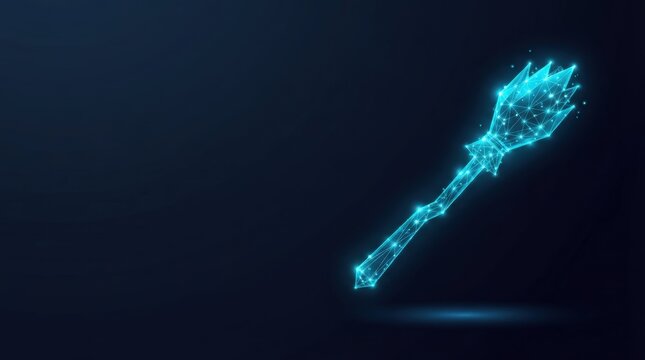 Striking 3D glowing blue wireframe magic wand symbolizing advanced AI, digital science, and futuristic tech innovation against dark background perfect for tech marketing