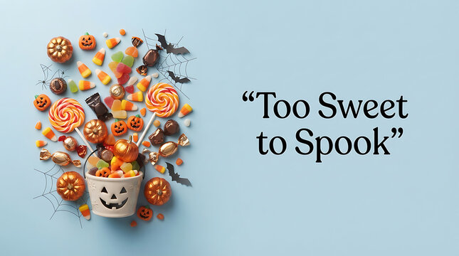 Too sweet to spoil candy assortment with colorful wrappers on blue background