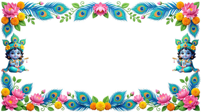 Baby krishna with peacock feathers and lotus flowers border isolated on transparent background