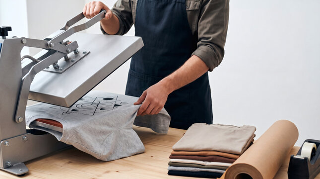 Worker operating manual heat press machine to apply custom graphic design on cotton t shirt in garment printing workshop studio