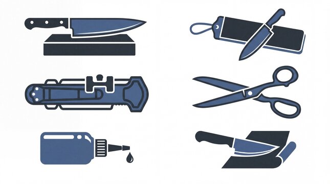 Knife sharpening tools and equipment vector icon set, including chef's knife, sharpener, scissors, and sharpening oil, essential kitchen and workshop maintenance graphics.