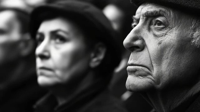 Close-up portrait of a solemn elderly man in a crowd, black and white