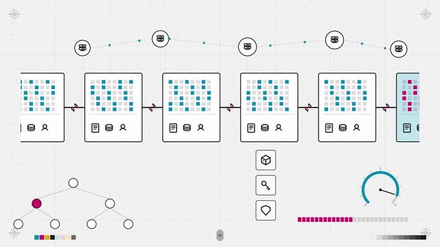 Abstract animated transactions written into a distributed ledger drawn as violet and blue lines and shapes on a bright, clean light background. Seamless looping 4K motion graphics video with free spac