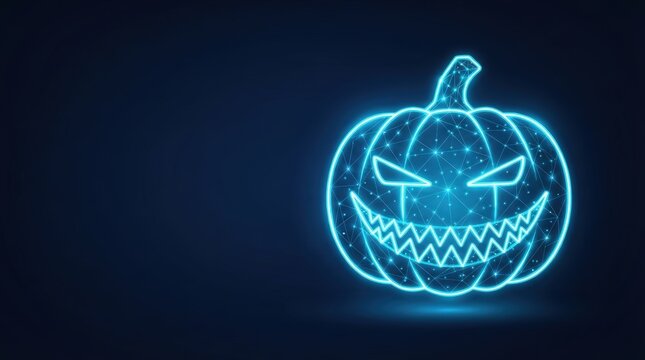 Stunning glowing blue wireframe jack-o-lantern with futuristic cyber aesthetic on dark background perfect for AI, digital art, and high-tech innovation projects.