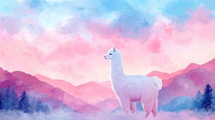 Naklejka premium Majestic White Alpaca Standing Against Vibrant Pink Sky and Mountains
