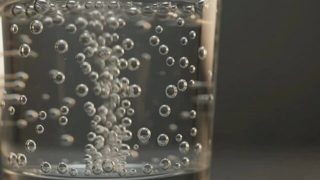 Clear sparkling bubbles rising steadily in clean water against a bright studio background