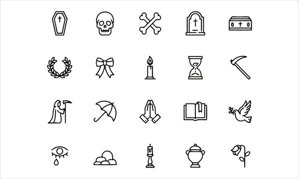 Set outline icons related to death and funeral. Linear icon collection. Editable stroke. Vector illustration