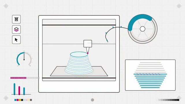 Abstract animated part built up layer by layer in additive manufacturing drawn as cyan and teal lines and shapes on a bright, clean light background. Seamless looping 4K motion graphics video with fre