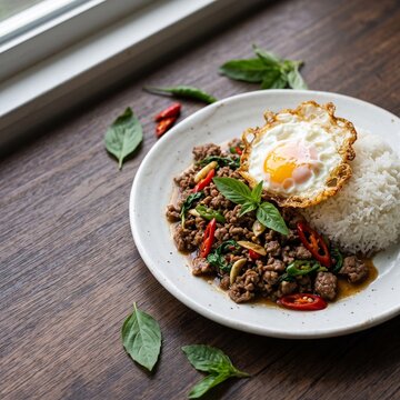 Thai Basil Stir Fry with Fried Egg and Rice