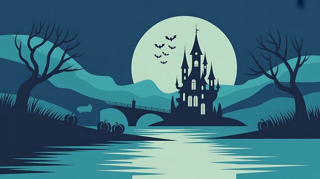 Spooky castle silhouette against a full moon and dark misty landscape illustration