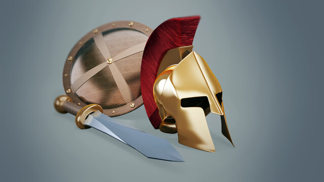 Ancient Greek helmet, shield and sword on gray background. 3D illustration
