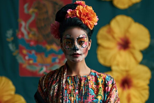 Dia de los Muertos woman with ceremonial make-up and mexican flag