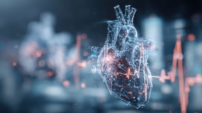 Futuristic Digital Heart Model with Neural Networks and Pulse Wave Representation, Symbolizing Advanced Technology in Healthcare and Medical Innovations