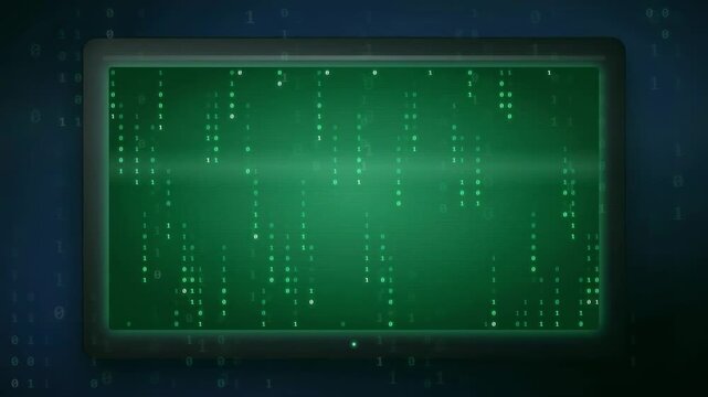 Digital binary code streaming on a green computer screen with futuristic cyber security interface
