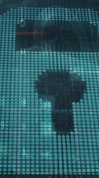 Animation of dots forming padlock over texts, letters, symbols and numbers on abstract background