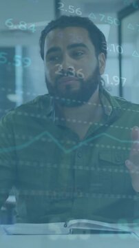 Animation of stock market data over businessman gesturing and explaining in office