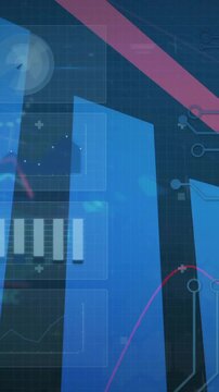 Animation of loading circles, changing numbers, arrow on falling graphs over abstract background