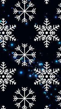 Animation of snowflakes moving over black background with blue lights