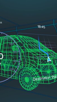 Animation of speedometer over electric van project on navy background