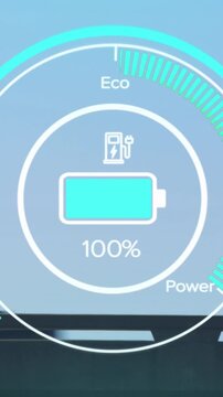 Animation of battery level over timelapse with cars on blue background