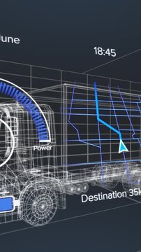 Animation of speedometer over electric truck project on navy background