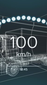 Animation of speedometer over electric truck project on navy background