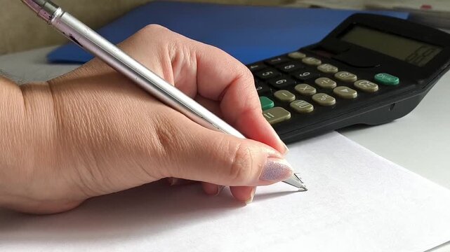 Woman writing and circling a financial amount on paper beside a calculator, accounting, company expenses, revenue and financial reporting concept.
