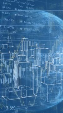 Animation of globe and financial data processing over 3d cityscape drawing