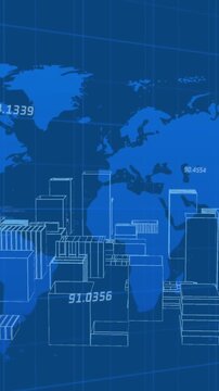 Animation of numbers processing and world map over 3d cityscape drawing