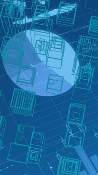 Animation of statistics and financial data processing over 3d cityscape drawing