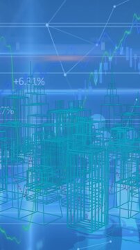 Animation of financial data processing over 3d cityscape drawing