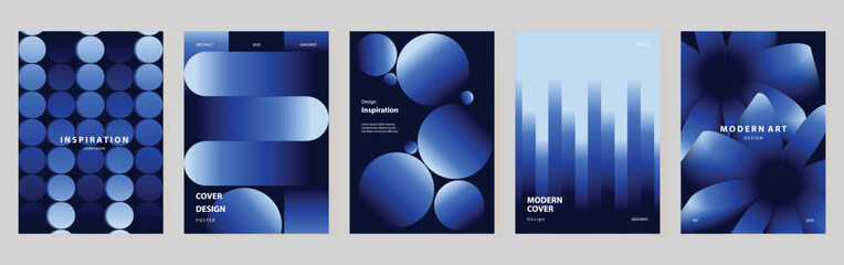 Abstract gradient poster templates set. Vector blue geometric covers with blurred light effects, modern grid layouts and futuristic shapes for flyer, brochure and presentation design.