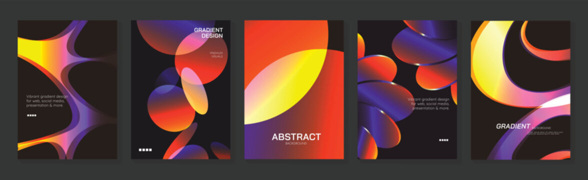 Abstract gradient poster templates set. Vector colorful covers with glowing organic shapes, fluid curves and vibrant orange purple yellow forms on dark backgrounds for modern graphic design.