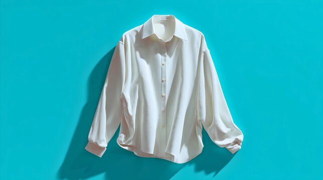 Complete women's cream white premium shirt with relaxed modern tailoring, full-length composition with visible cuffs collar and hem, realistic linen-cotton fabric texture and elegant folds, 