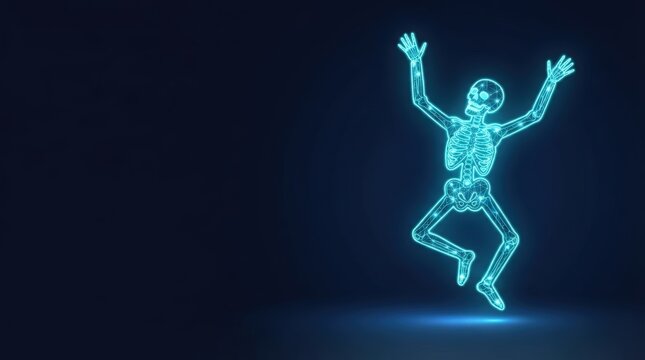 Glowing blue 3D wireframe skeleton showcases futuristic digital art perfect for AI, machine learning, and high-tech innovation projects with dark background copy space.