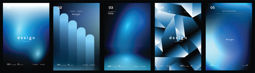 Abstract gradient poster templates set. Vector blue geometric covers with blurred light effects, modern grid layouts and futuristic shapes for flyer, brochure and presentation design.