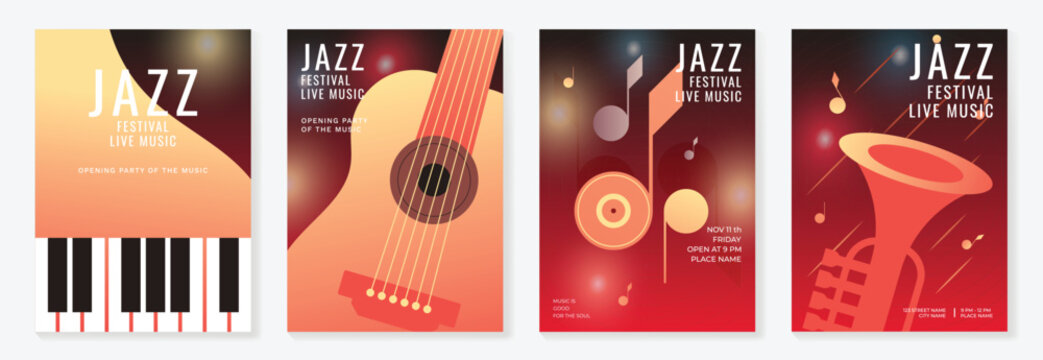 Jazz music festival poster design vector set. Electro Sound Cover template with vibrant abstract gradient record, guitar, saxophone. Ideal design for social media, flyer, party, music festival.