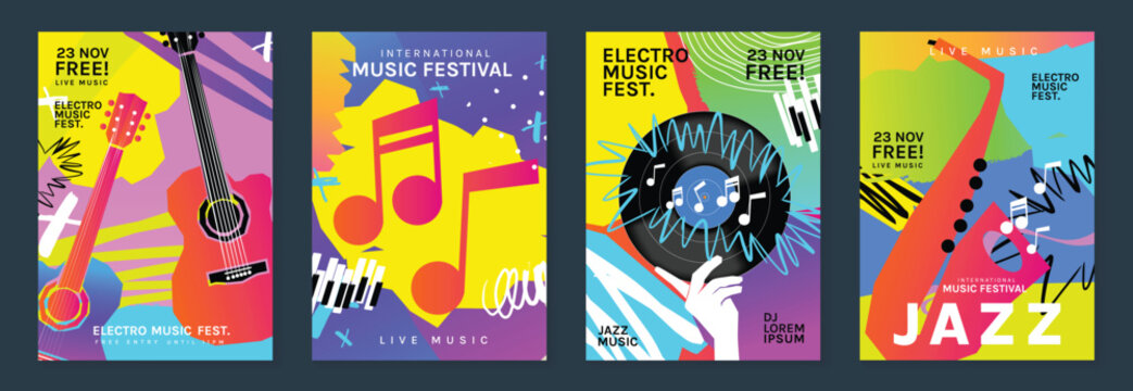 Jazz music festival poster design vector set. Electro Sound Cover template with vibrant abstract gradient record, guitar, saxophone. Ideal design for social media, flyer, party, music festival.