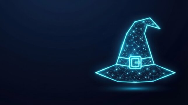 Striking 3D glowing blue wireframe magic hat symbolizes AI, digital innovation, and futuristic tech against dark background perfect for tech, science, and creative projects.