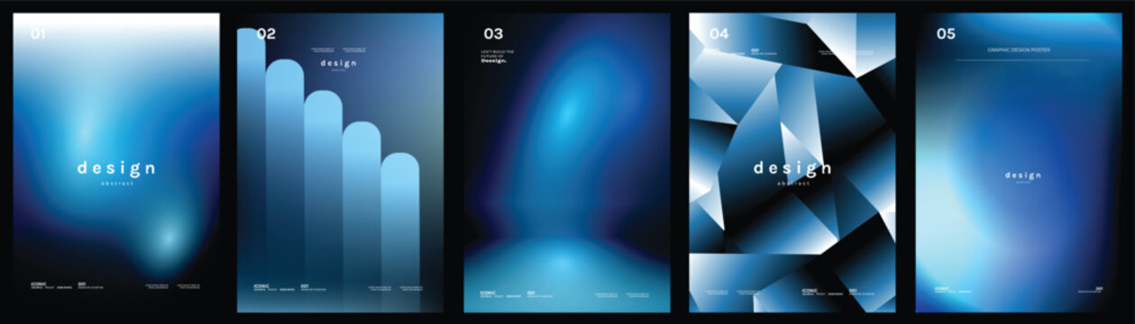 Abstract gradient poster templates set. Vector blue geometric covers with blurred light effects, modern grid layouts and futuristic shapes for flyer, brochure and presentation design.