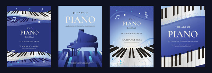 Naklejka premium Piano recital posters set. Vector music event templates with grand piano, piano keys, musical notes and elegant blue layouts for concert, recital and performance promotion.