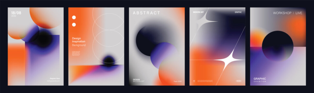Abstract gradient poster templates set. Vector colorful covers with glowing organic shapes, fluid curves and vibrant orange purple yellow forms on dark backgrounds for modern graphic design.